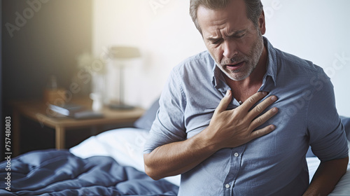 A man with heart pain in his chest, keeps his hands on his chest