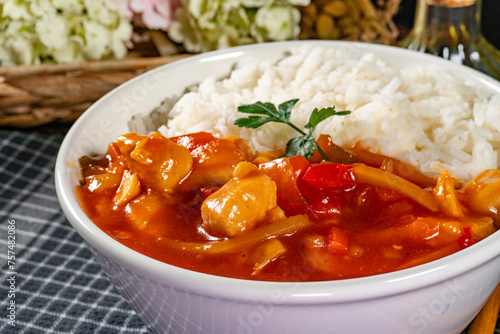 Delicious chicken in sweet and sour sauce.