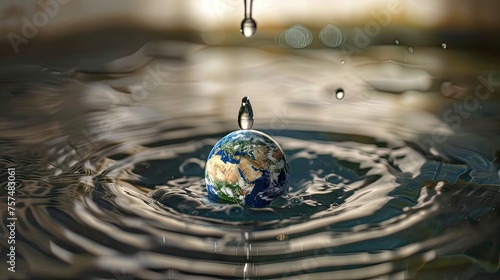 Save our planet: Witness a dripping tap with one drop resembling planet Earth, advocating for water conservation and environmental sustainability