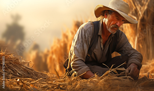 A weathered farmer in overalls and a straw hat at the field