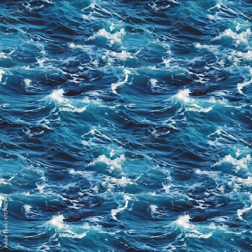 Sea waves seamless pattern design. Blue water background. Digital raster bitmap illustration. AI artwork.