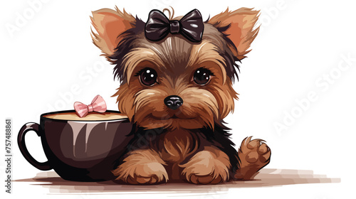 Cute Cartoon Yorkshire terrier with a bow is sittin