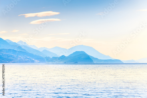 Panoramic image of the coast of Montenegro in blue tones. Beautiful places near the Adriatic Sea