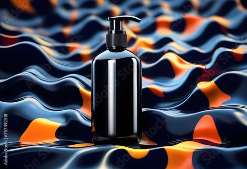 3d illustration realistic black bottle. Soap pump on background colour abstract waves.