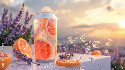 This eye-catching image captures sparkling summer drinks with grapefruit slices in a natural outdoor setting with flowers