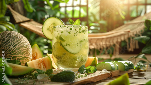 A refreshing mojito cocktail garnished with melon slices in a vibrant tropical atmosphere