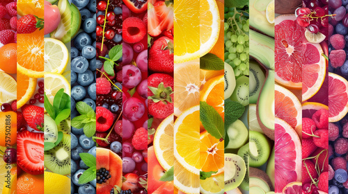  A vivid fruit mosaic featuring strawberries, oranges, blueberries, kiwis, grapes, raspberries, and more, creating a stunning spectrum of natural colors. 