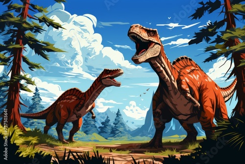 Dinosaurs in their natural habitat of lush green grass land with a backdrop of blue skies