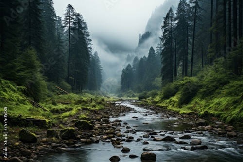 River flowing through a dense forest with tall trees