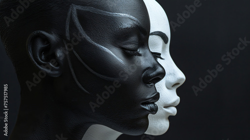 Beautiful fashion model black and white woman with bold black cat eyeliner eyes. Fashion portrait isolated on dark black background 