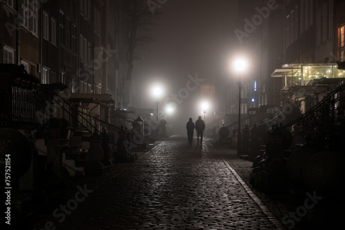 Foggy scenery of the Mariacka street in Gdansk. Poland