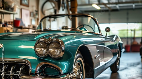 A beautiful classic 1950s car is parked in a garage. The car is teal and has a white convertible top.