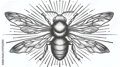 Detailed drawing of a bee with spread wings. The bee is facing the viewer and is surrounded by a burst of light.