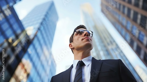 Confident young businessman looking up at the city skyline,æ±äº¬éƒ½, dreaming big, and ready to take on the world.
