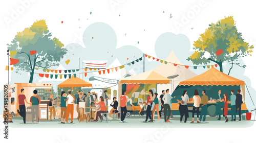 Flat vector scene A bustling food festival with che