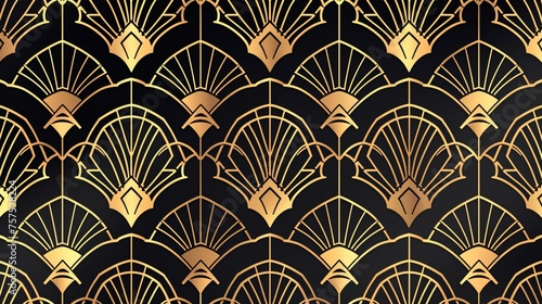 Art deco seamless pattern. Golden elements on a black background. Vector illustration.