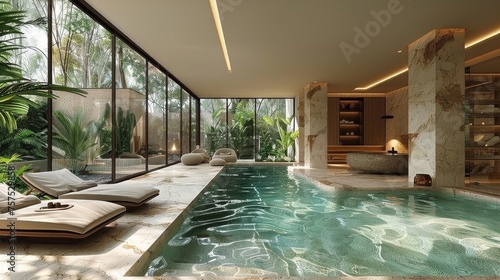 A home spa pool area, featuring a heated jacuzzi alongside the main pool, complete with a steam room and a relaxation area for the ultimate at-home wellness experience