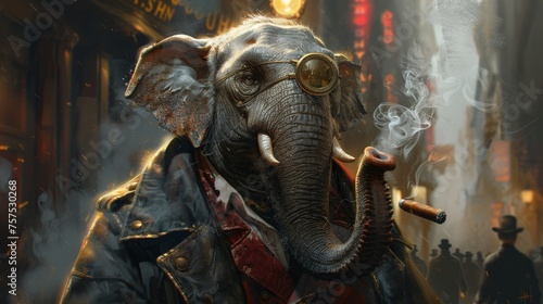 a painting of an elephant with steam coming out of it's trunk and a cigar in it's mouth.