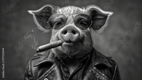 a black and white photo of a pig wearing glasses and a leather jacket with a cigarette in it's mouth.
