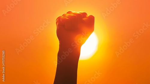 Close-up illustration of a single fist raised in the air against a sunset background, symbolizing hope and resistance in social movements.