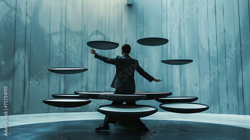 A person balancing multiple spinning plates, illustrating resource management and prioritization in business processes