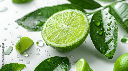Fresh lime slices with water droplets for vibrant culinary themes. Green citrus leaves with dew, perfect for refreshing summer recipes. Juicy lime wedges on white background for health and wellness.