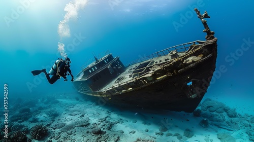 Underwater world. A scuba diver explores a shipwreck. The ship is encrusted with colorful coral and surrounded by schools of fish.