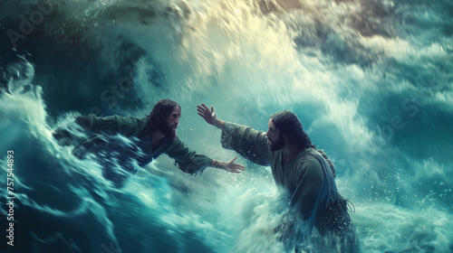 Jesus reaches out to Peter amidst turbulent waves, symbolizing faith overcoming fear, with copy space