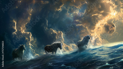 A surrealistic depiction of Daniel’s vision, with the four beasts emerging from a cosmic sea, under a sky of prophetic symbols, with copy space