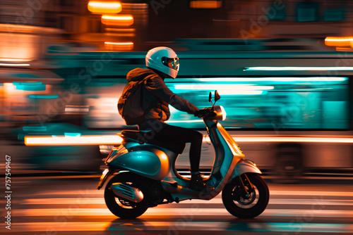 person riding a motor scooter at night in a city