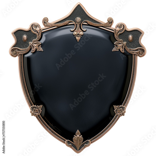 Shield icon. Badge, button, shield-shaped emblem with metal edging and black leather center without background, png