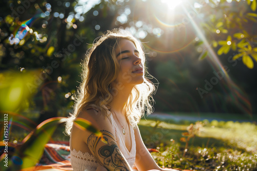 Uma mulher praticante de yoga meditando ao ar livre em pleno por do sol