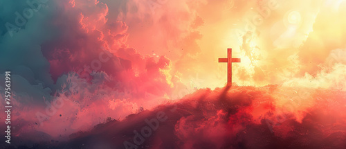 Acuarela abstracta roja, naranja y amarilla con una cruz sobre una colina, concepto semana santa