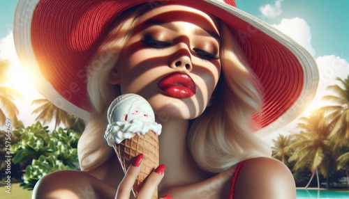 Hübsche, blonde, junge Frau mit sommerlichem Hut ißt genussvoll ein Eis.