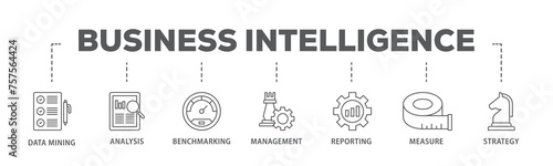 Business intelligence banner web icon illustration concept with icon of data mining, analysis, benchmarking, management, reporting, measure, and strategy icon live stroke and easy to edit 