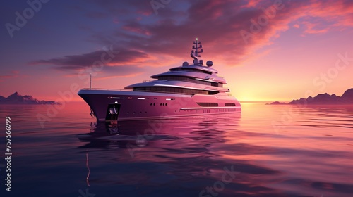 a large pink yacht in the water