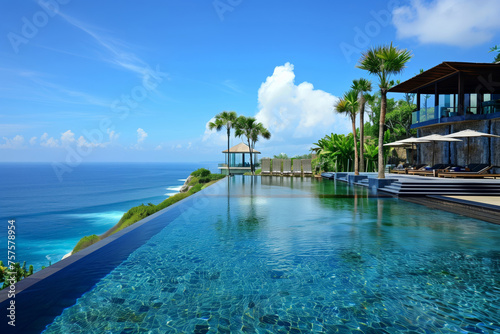 Inviting infinity pool overlooking the tranquil blue ocean with a modern villa and lush palms