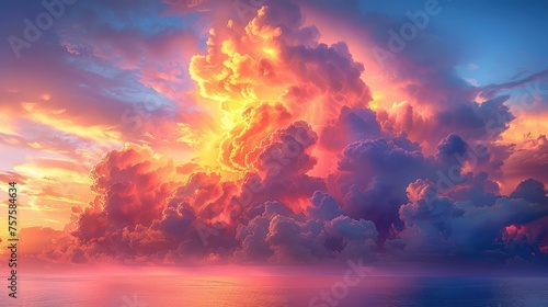 The sky is filled with billowing cumulus clouds, creating a stunning sunset over the natural landscape. The orange hues blend with the heat of dusk, painting a beautiful horizon .jpeg