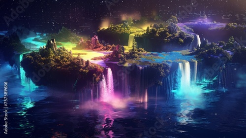 Surreal landscape with floating islands and waterfalls on a black background with rainbow illumination.