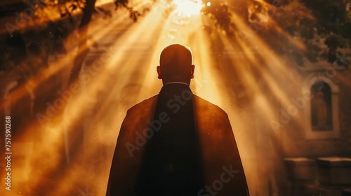 The silhouette of a priest in a cassock against the background of the rising sun