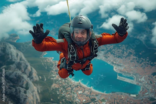 A man in skydiving gear is free-falling above a coastal city, representing thrill and adventure sports