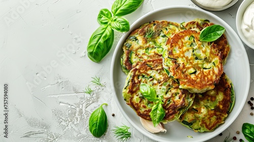 Green zucchini fritters, vegetarian zucchini pancakes with fresh herbs and garlic, served with cream sauce on a white background. Selective focus is applied to enhance the visual appeal of the dish.
