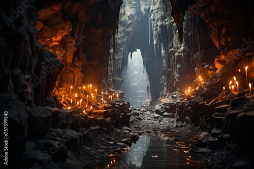 A cavern illuminated by numerous candles with a flowing river