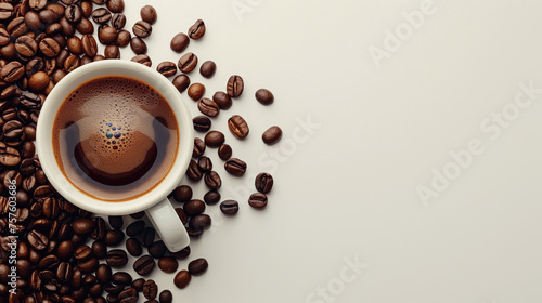 Top view of a steaming cup of espresso amidst scattered coffee beans, on a neutral background.