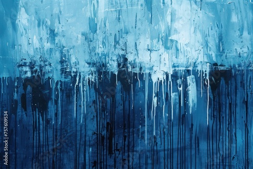 Abstract art inspired by the rhythm of rain with vertical streaks and splashes in varying shades of blue to capture the essence of rainfall
