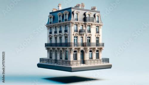 Illustration minimaliste d'un bâtiment de style haussmannien sur un socle en lévitation