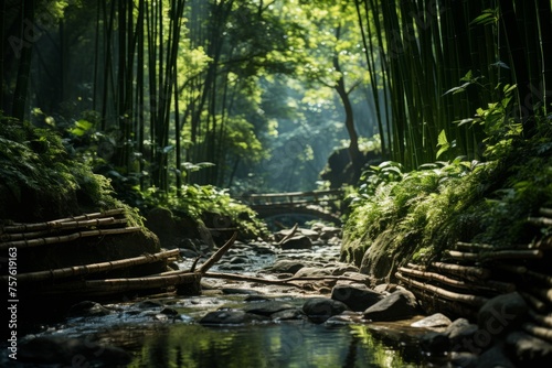 River flowing through bamboo forest, a serene natural landscape