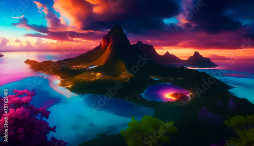 sunset over the sea, landscape with mountains, trees, sea, islands, ocean, sunrise and colorful clouds, Wall Art Design for Home Decor, wallpaper for cellphone, mobile smart cell phone background