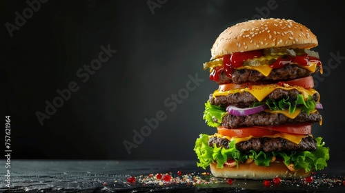 A very tall hamburger, over a black background, copy space - generative ai