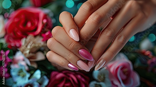 Female hands with pink nail design. Nail polish manicure.